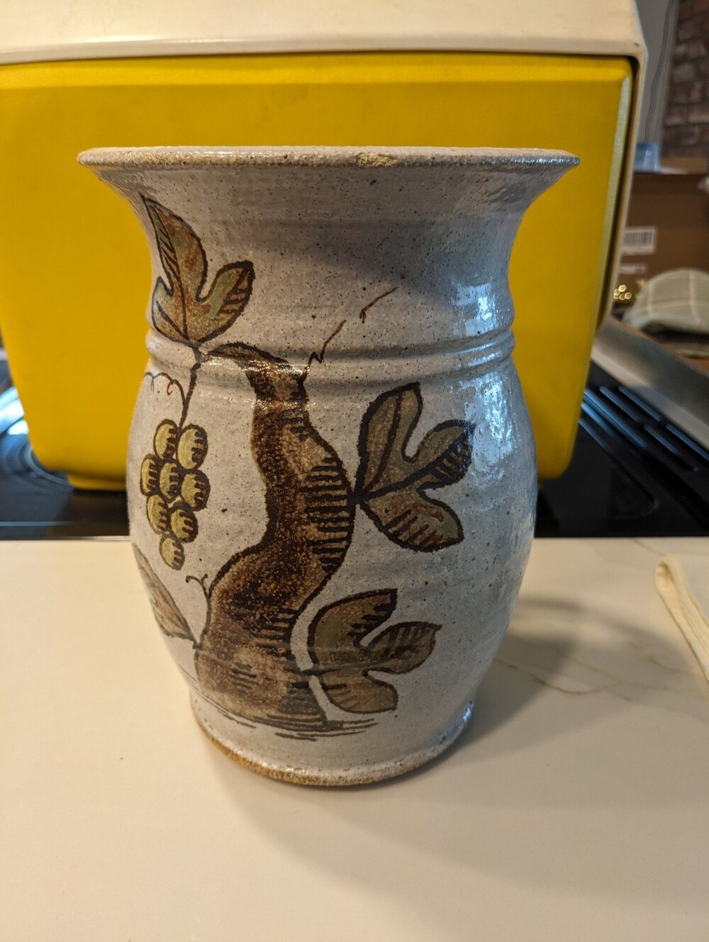 Vintage Stoneware Utensil Jug Studio Pottery Vase Jug Glazed Grape Vine